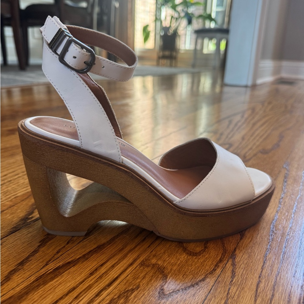 Lucky Brand White Leather Ankle-Strap Wedge Sandals
